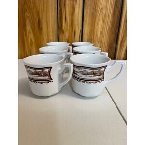 Vintage J&G Meakin England 6‎ tea coffee cups white brown lake mountain scene